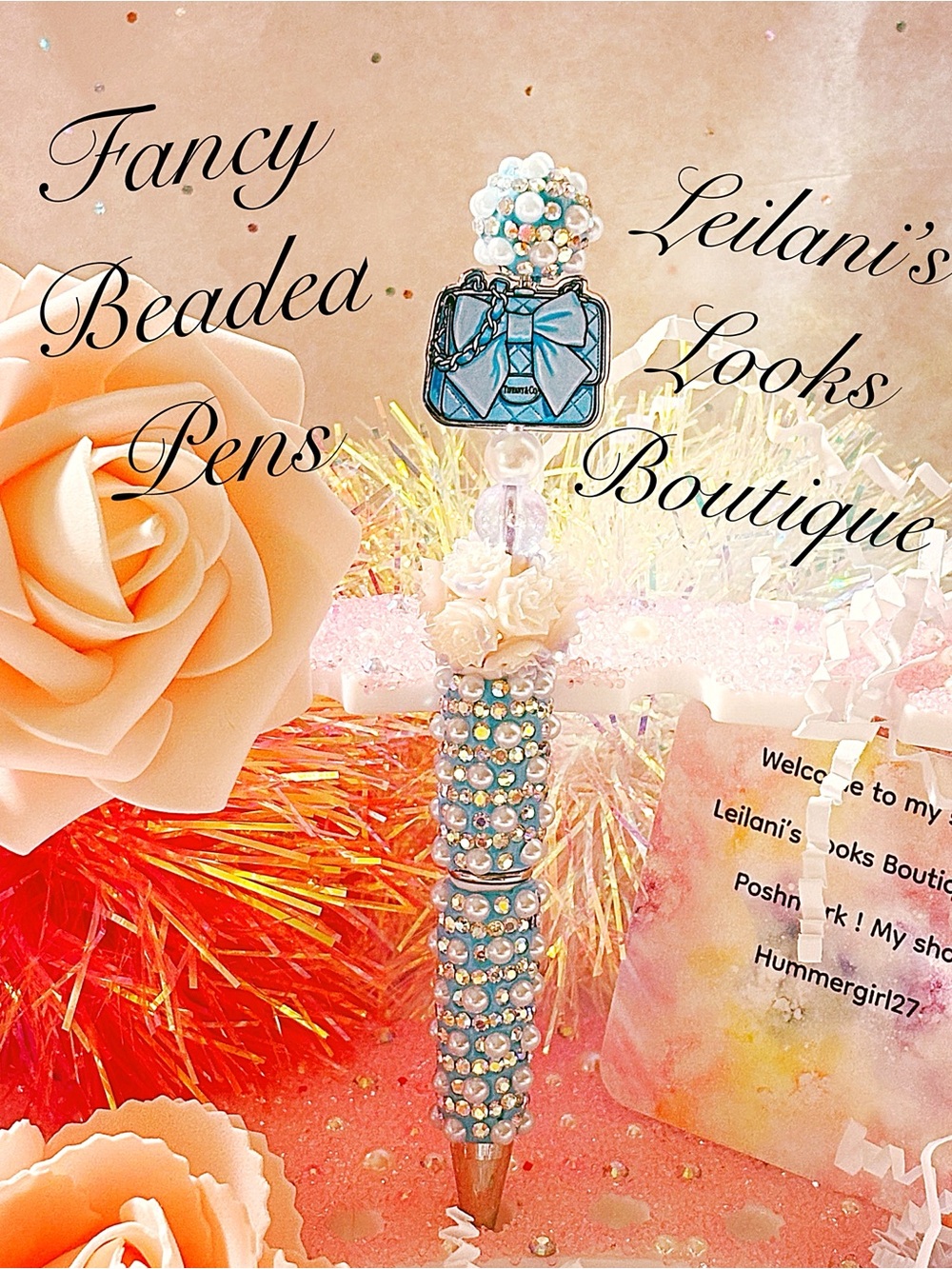 Blue pen with rhinestones and a bow/turquoise bag/flowers/girly